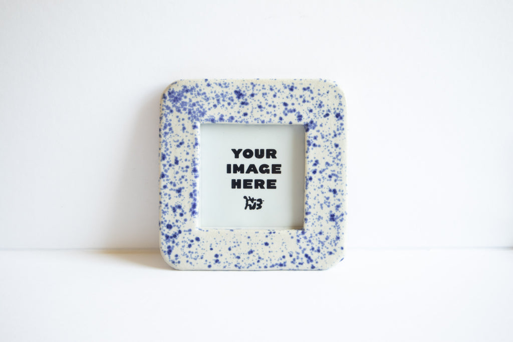 SQUARE - Handmade Ceramic Instax Frame - Rounded Corners - Blue Splatters