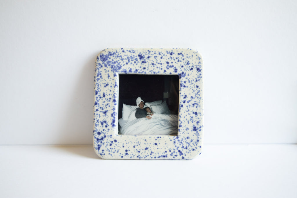 SQUARE - Handmade Ceramic Instax Frame - Rounded Corners - Blue Splatters