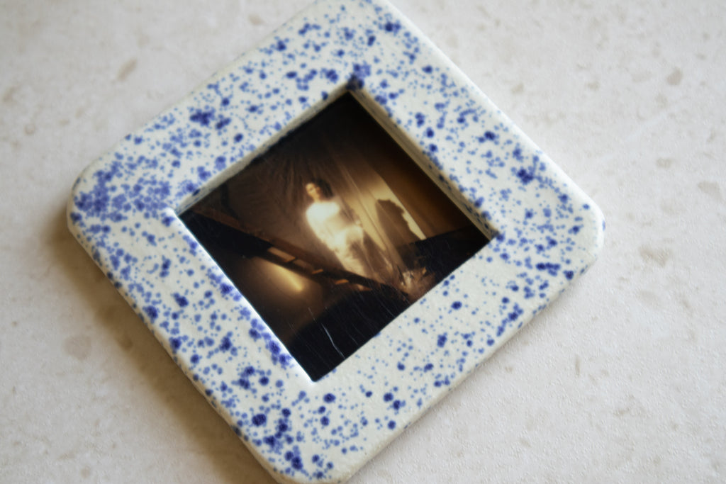 SQUARE - Handmade Ceramic Instax Frame - Rounded Corners - Blue Splatters