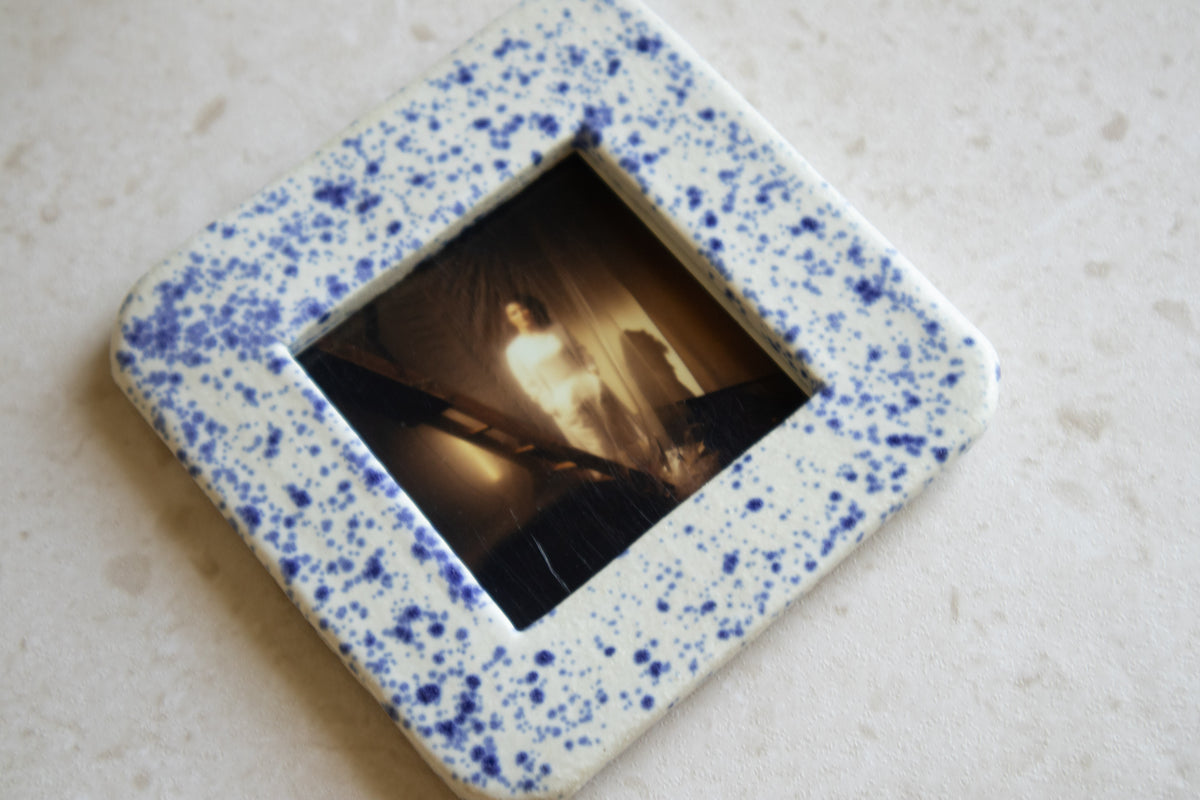 SQUARE - Handmade Ceramic Instax Frame - Rounded Corners - Blue Splatters