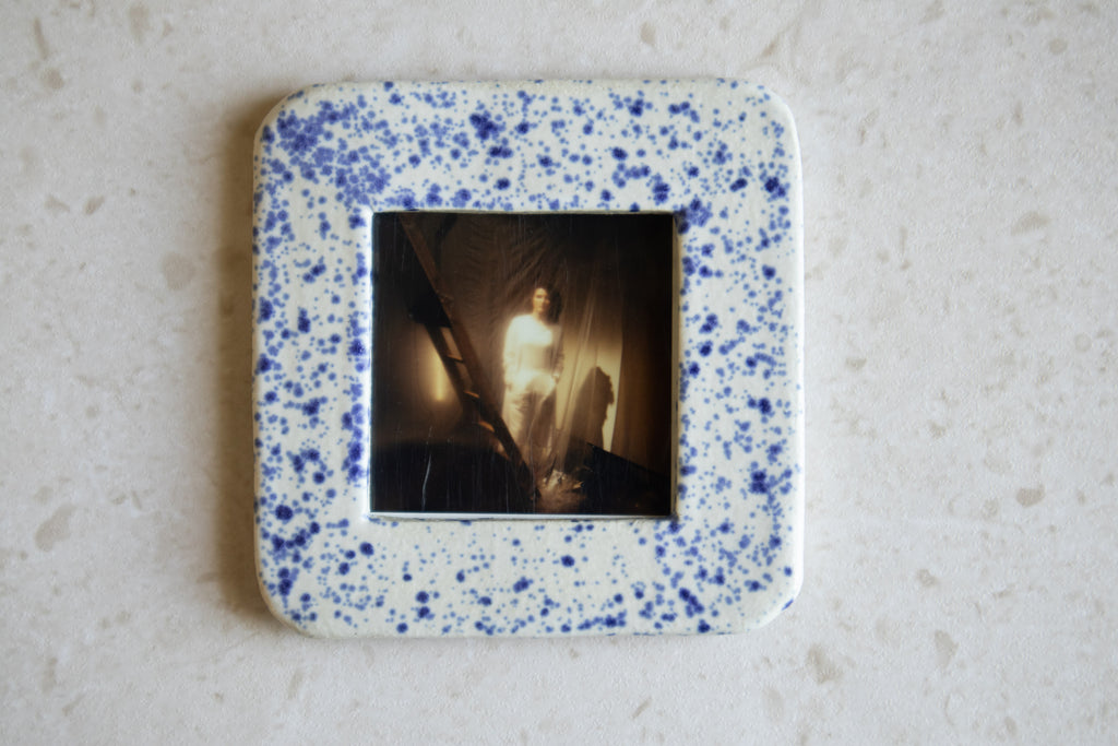 SQUARE - Handmade Ceramic Instax Frame - Rounded Corners - Blue Splatters