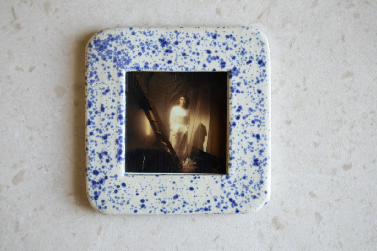 SQUARE - Handmade Ceramic Instax Frame - Rounded Corners - Blue Splatters