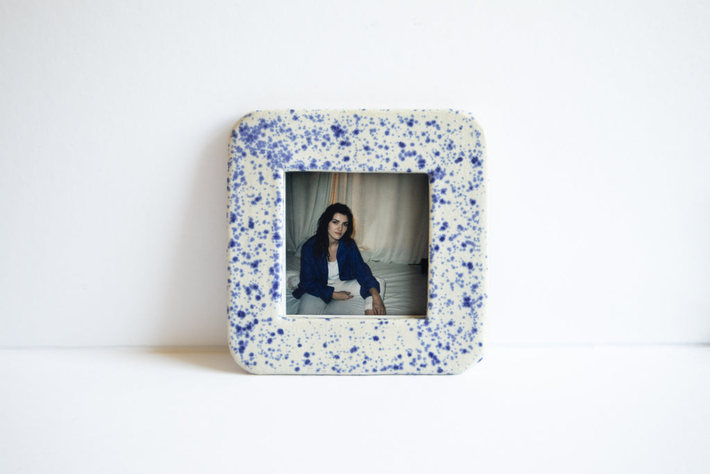 SQUARE - Handmade Ceramic Instax Frame - Rounded Corners - Blue Splatters
