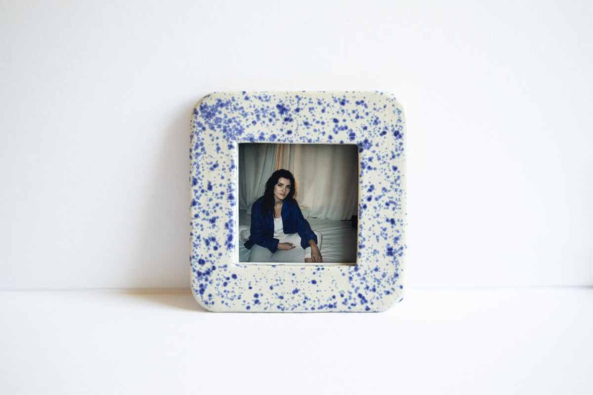SQUARE - Handmade Ceramic Instax Frame - Rounded Corners - Blue Splatters
