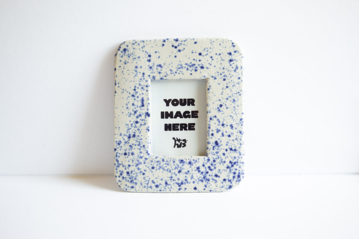 Handmade Ceramic Instax Frame - Blue Splatters - Free Instax Print - Rounded Corners